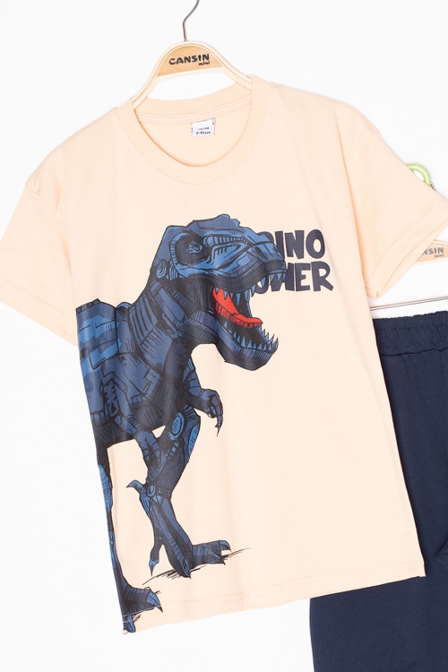 Krem Dino Baskılı Yazılı Erkek Çocuk Şortlu Alt Üst Takım 20622