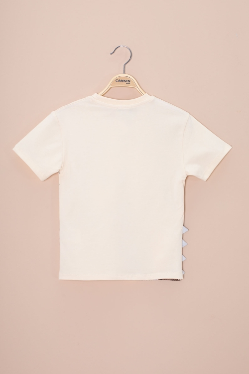 Krem Dinozor Baskılı Bisiklet Yaka Erkek Bebek Tişört 20948