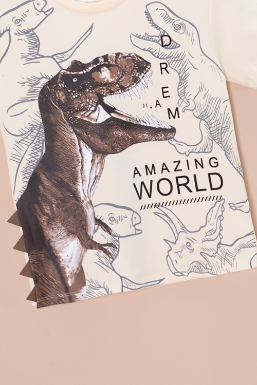 Krem Dinozor Baskılı Bisiklet Yaka Erkek Bebek Tişört 20948