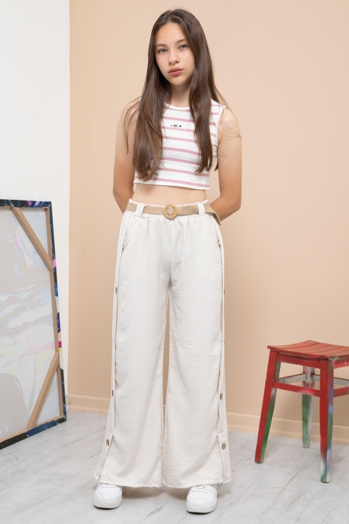 Krem Düğme Detaylı Geniş Paça Kız Çocuk Kemerli Pantolon 21150