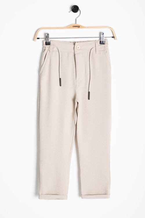Krem Erkek Çocuk Çizgili Duble Paça Gofre Kumaş Pantolon 21053