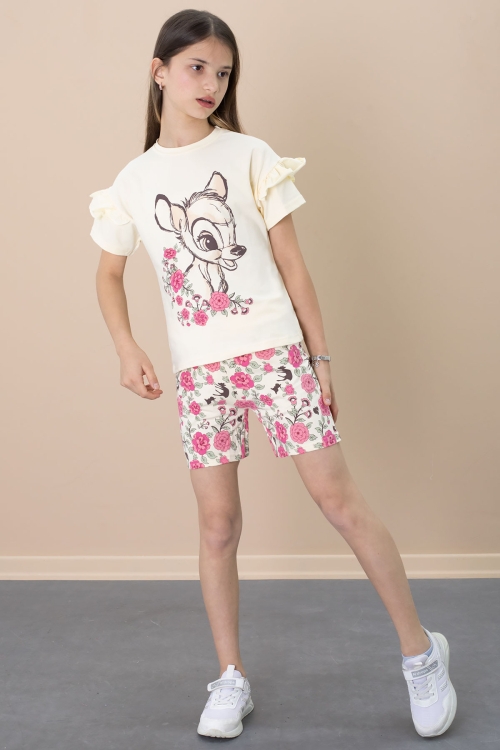 Krem Fırfır Detaylı Tişörtlü Çiçek Baskılı Şortlu Kız Çocuk Takım 21100