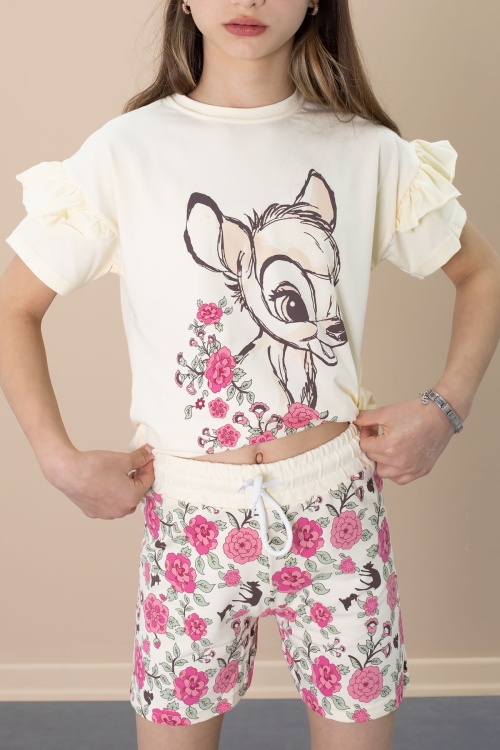 Krem Fırfır Detaylı Tişörtlü Çiçek Baskılı Şortlu Kız Çocuk Takım 21100