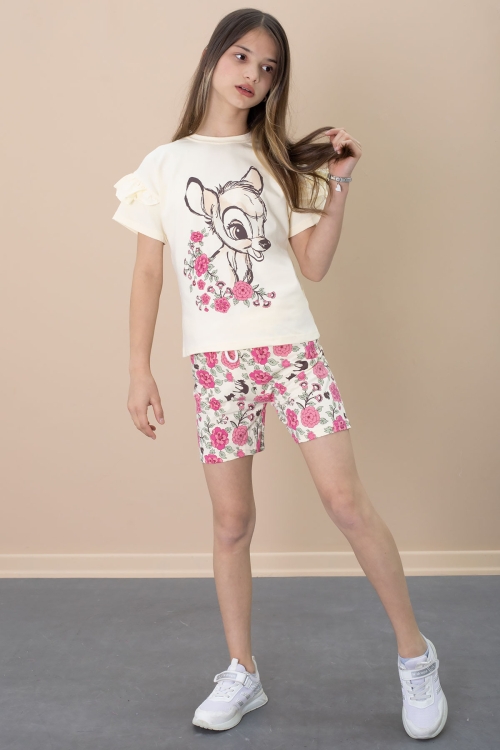 Krem Fırfır Detaylı Tişörtlü Çiçek Baskılı Şortlu Kız Çocuk Takım 21100