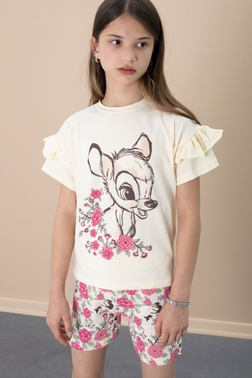 Krem Fırfır Detaylı Tişörtlü Çiçek Baskılı Şortlu Kız Çocuk Takım 21100