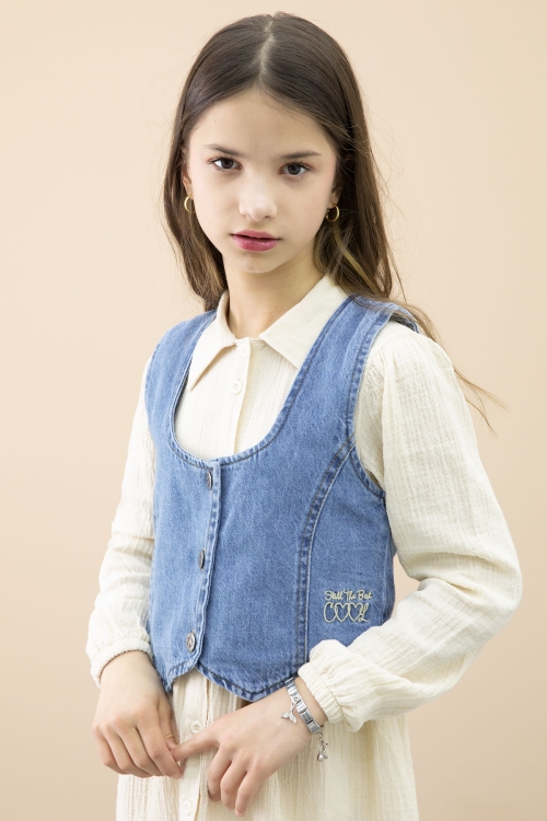 Krem Jean Yelekli Uzun Kol Kız Çocuk 2li Müslin Elbise 20668