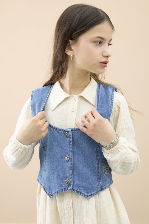 Krem Jean Yelekli Uzun Kol Kız Çocuk 2li Müslin Elbise 20668