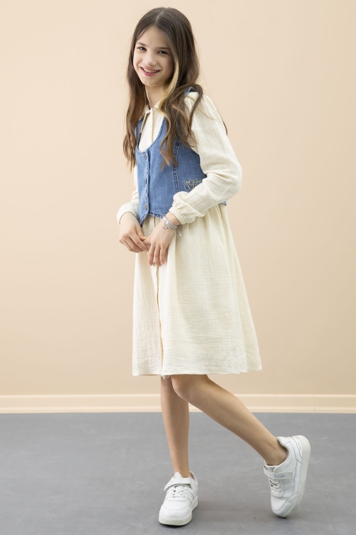Krem Jean Yelekli Uzun Kol Kız Çocuk 2li Müslin Elbise 20668