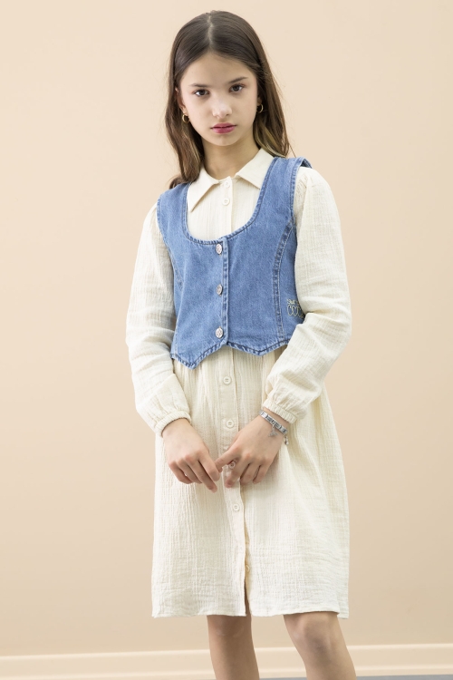 Krem Jean Yelekli Uzun Kol Kız Çocuk 2li Müslin Elbise 20668