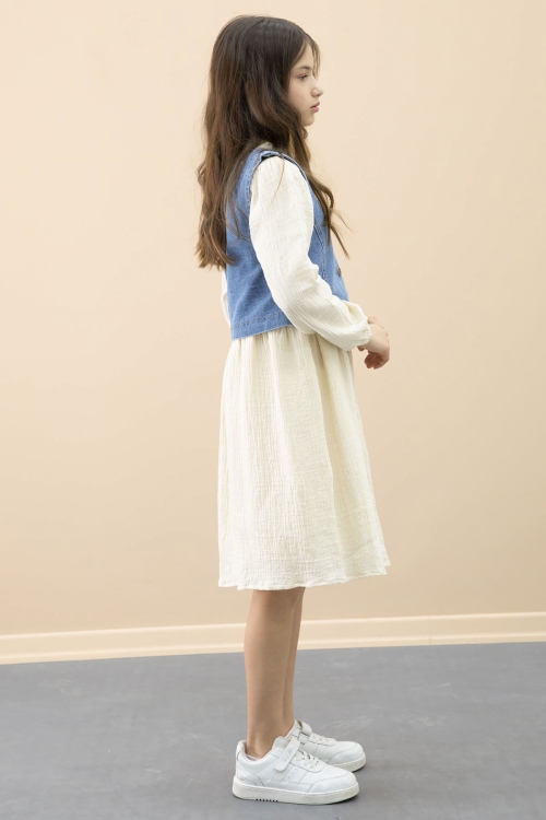 Krem Jean Yelekli Uzun Kol Kız Çocuk 2li Müslin Elbise 20668