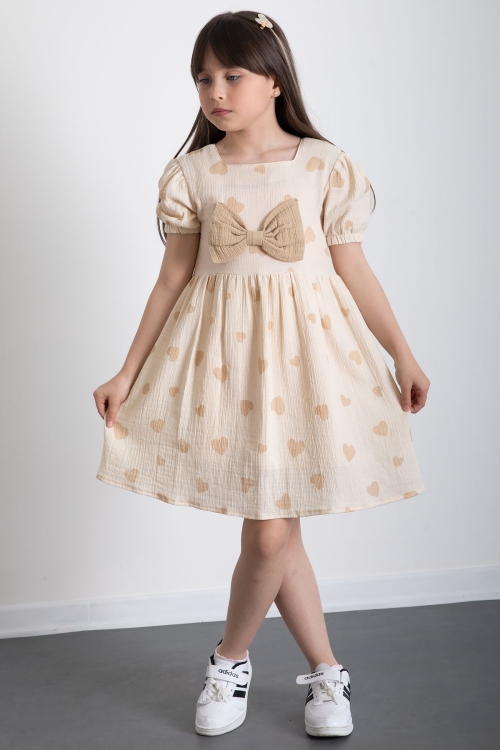 Krem Kalp Desenli Fiyonklu Kısa Kol Kız Çocuk Müslin Elbise 20774