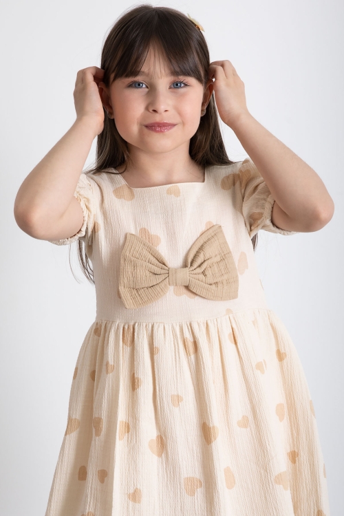 Krem Kalp Desenli Fiyonklu Kısa Kol Kız Çocuk Müslin Elbise 20774