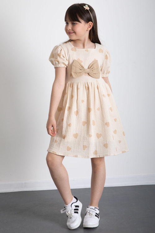 Krem Kalp Desenli Fiyonklu Kısa Kol Kız Çocuk Müslin Elbise 20774