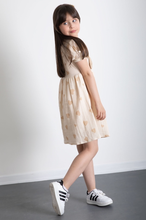 Krem Kalp Desenli Fiyonklu Kısa Kol Kız Çocuk Müslin Elbise 20774