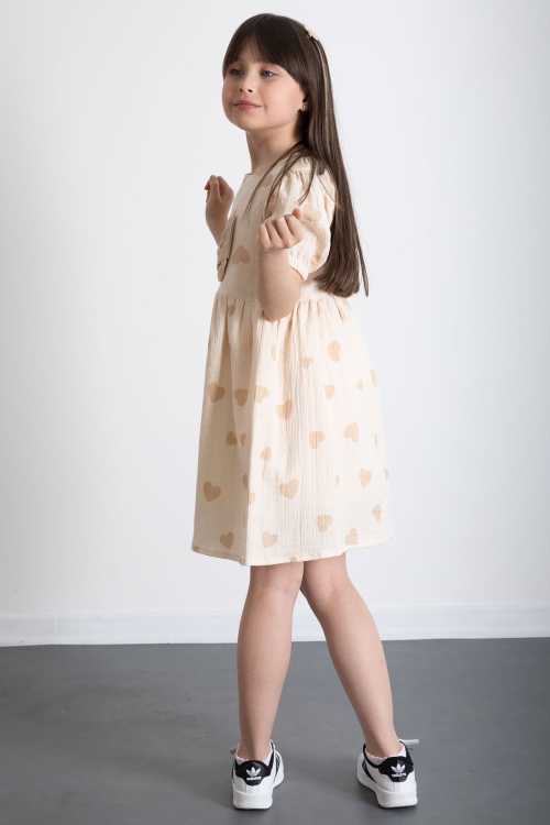 Krem Kalp Desenli Fiyonklu Kısa Kol Kız Çocuk Müslin Elbise 20774