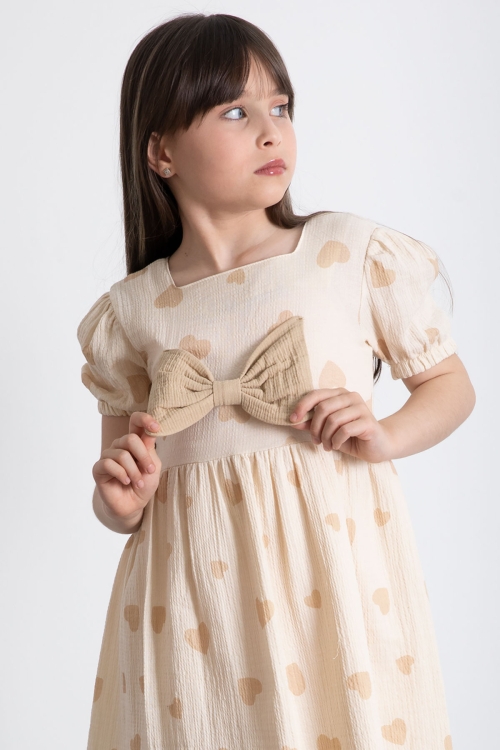 Krem Kalp Desenli Fiyonklu Kısa Kol Kız Çocuk Müslin Elbise 20774
