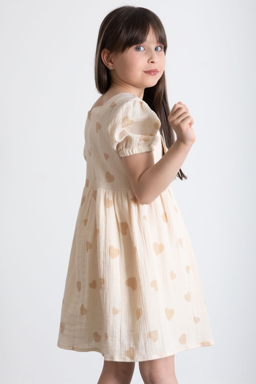 Krem Kalp Desenli Fiyonklu Kısa Kol Kız Çocuk Müslin Elbise 20774