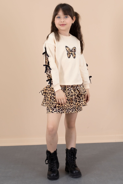 Krem Kelebek Desenli Badili Leopar Etekli Kız Çocuk Alt Üst Takım 20663