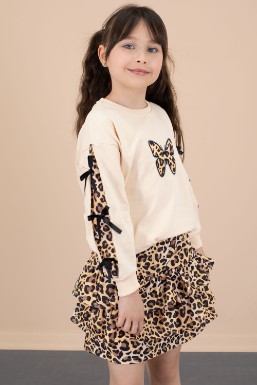 Krem Kelebek Desenli Badili Leopar Etekli Kız Çocuk Alt Üst Takım 20663
