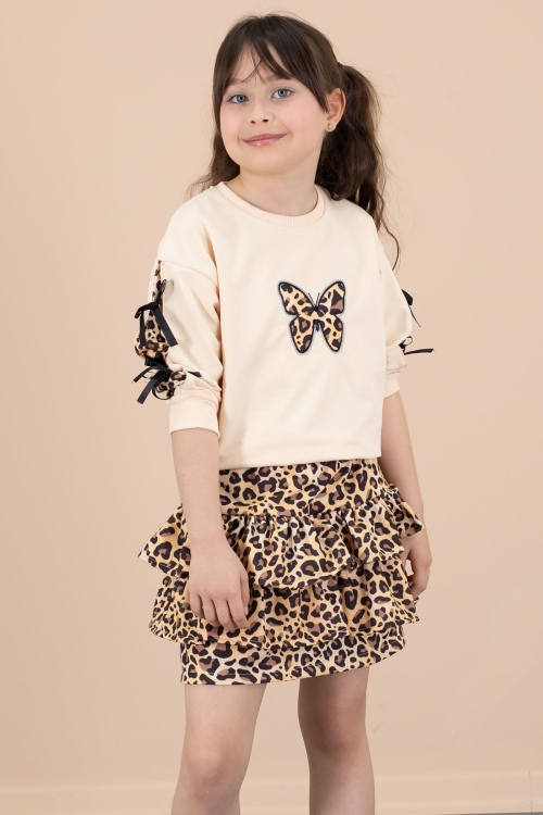 Krem Kelebek Desenli Badili Leopar Etekli Kız Çocuk Alt Üst Takım 20663