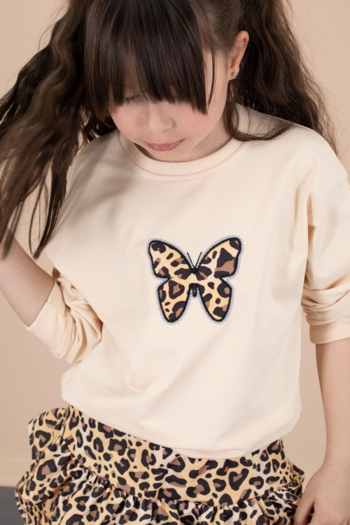 Krem Kelebek Desenli Badili Leopar Etekli Kız Çocuk Alt Üst Takım 20663