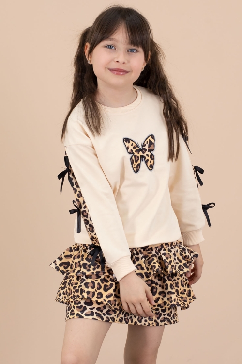 Krem Kelebek Desenli Badili Leopar Etekli Kız Çocuk Alt Üst Takım 20663
