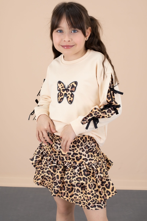 Krem Kelebek Desenli Badili Leopar Etekli Kız Çocuk Alt Üst Takım 20663