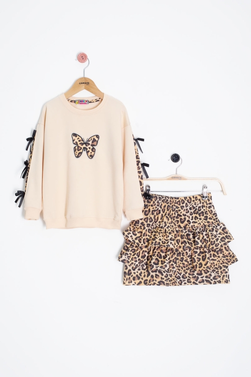 Krem Kelebek Desenli Badili Leopar Etekli Kız Çocuk Alt Üst Takım 20663