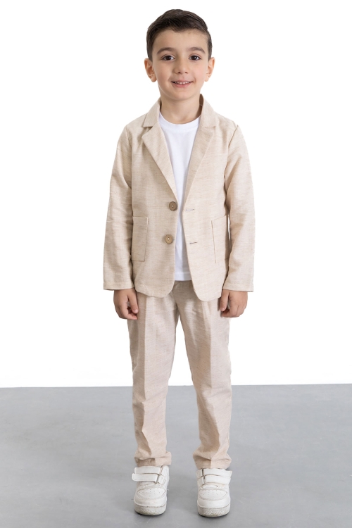 Krem Keten Ceketli ve Pantolonlu Basic Tişörtlü Erkek Çocuk 3lü Takım Elbise 21118