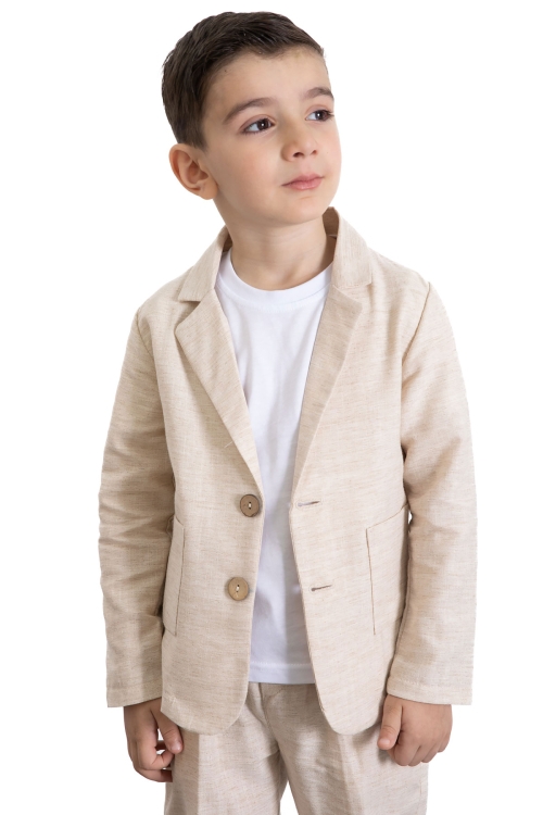 Krem Keten Ceketli ve Pantolonlu Basic Tişörtlü Erkek Çocuk 3lü Takım Elbise 21118