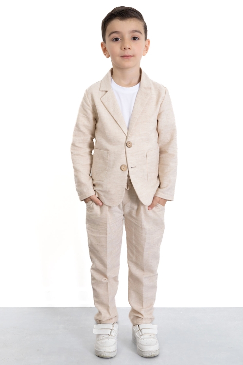 Krem Keten Ceketli ve Pantolonlu Basic Tişörtlü Erkek Çocuk 3lü Takım Elbise 21118