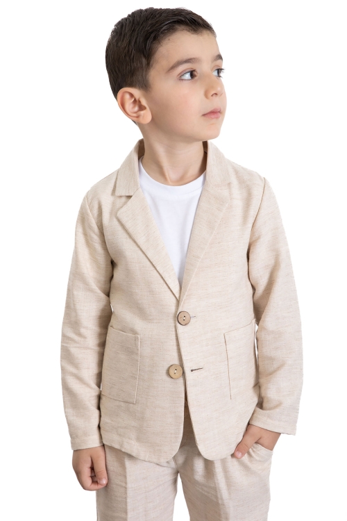 Krem Keten Ceketli ve Pantolonlu Basic Tişörtlü Erkek Çocuk 3lü Takım Elbise 21118