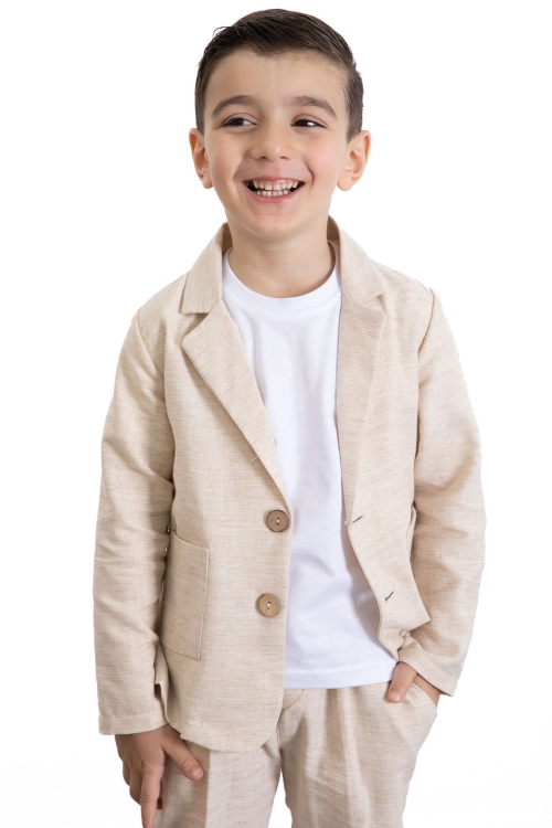 Krem Keten Ceketli ve Pantolonlu Basic Tişörtlü Erkek Çocuk 3lü Takım Elbise 21118