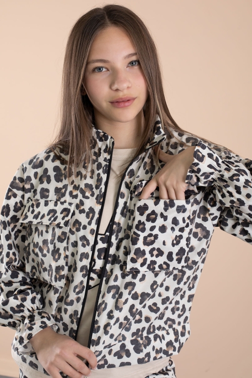 Krem Leopar Desenli Paraşüt Ceketli Bisiklet Yaka Tişörtlü Kız Çocuk 3lü Takım 20637