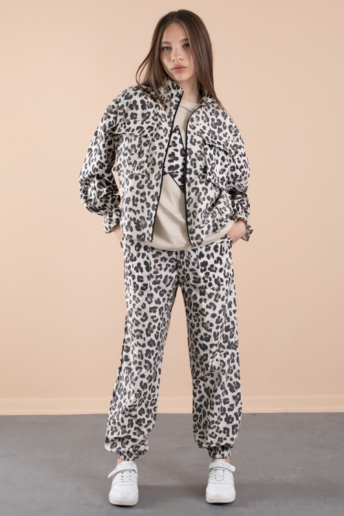Krem Leopar Desenli Paraşüt Ceketli Bisiklet Yaka Tişörtlü Kız Çocuk 3lü Takım 20637