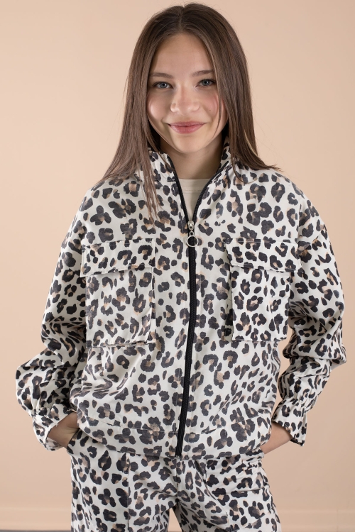 Krem Leopar Desenli Paraşüt Ceketli Bisiklet Yaka Tişörtlü Kız Çocuk 3lü Takım 20637