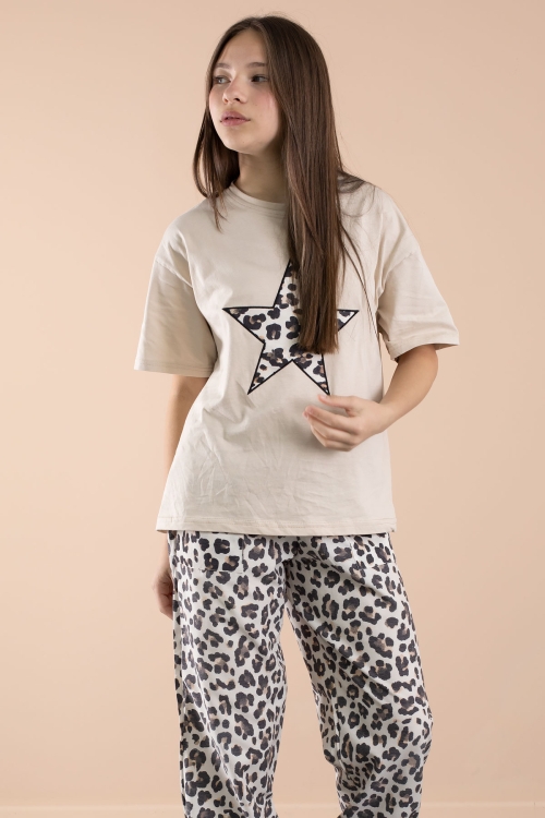 Krem Leopar Desenli Paraşüt Ceketli Bisiklet Yaka Tişörtlü Kız Çocuk 3lü Takım 20637