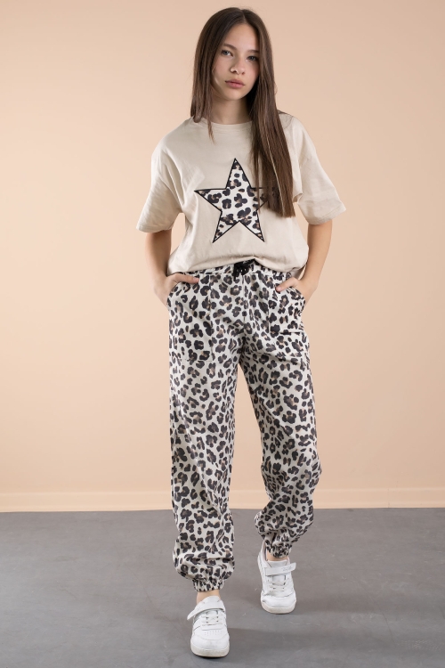 Krem Leopar Desenli Paraşüt Ceketli Bisiklet Yaka Tişörtlü Kız Çocuk 3lü Takım 20637