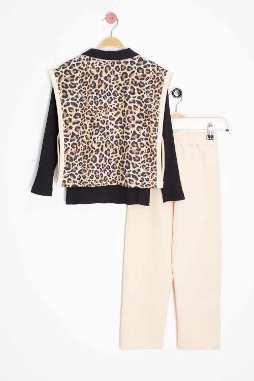 Krem Leopar Desenli Süveterli Badili Kız Çocuk Pantolonlu 3lü Takım 20665