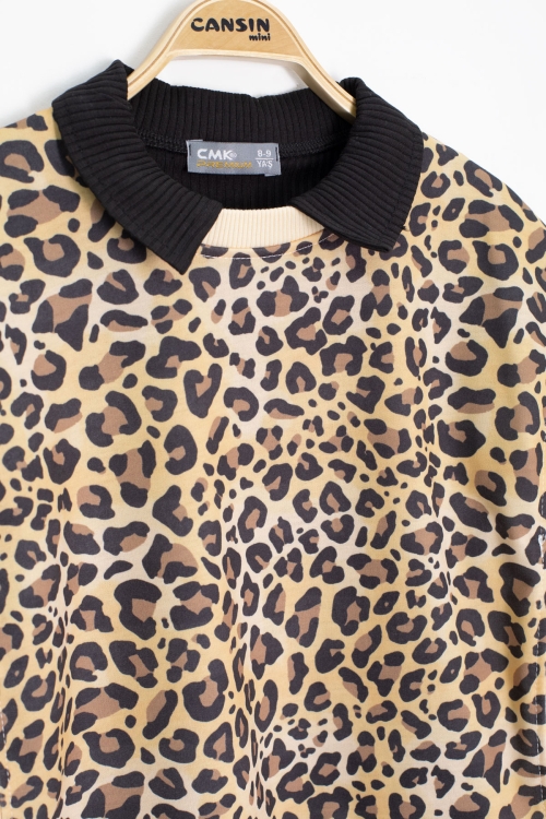 Krem Leopar Desenli Süveterli Badili Kız Çocuk Pantolonlu 3lü Takım 20665