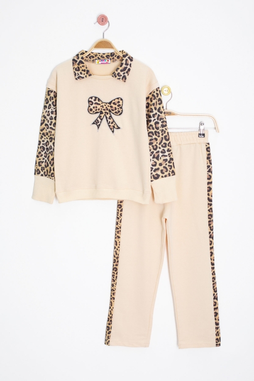 Krem Leopar Şerit Detaylı Fiyonk Desenli Kız Çocuk Alt Üst 2li Takım 20664