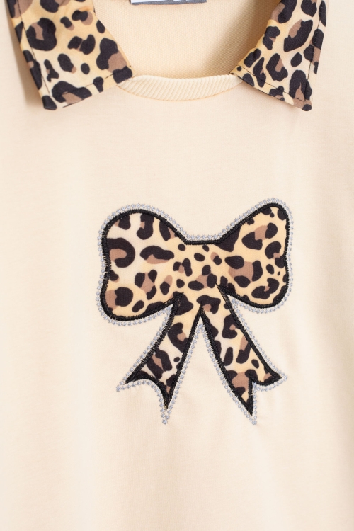 Krem Leopar Şerit Detaylı Fiyonk Desenli Kız Çocuk Alt Üst 2li Takım 20664