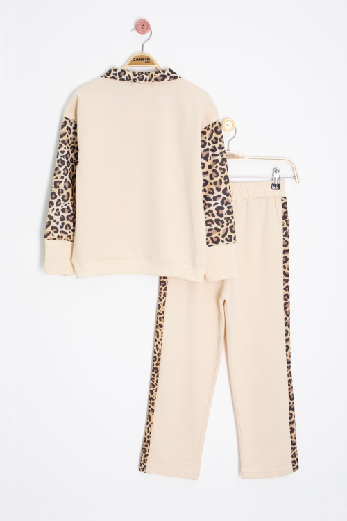 Krem Leopar Şerit Detaylı Fiyonk Desenli Kız Çocuk Alt Üst 2li Takım 20664
