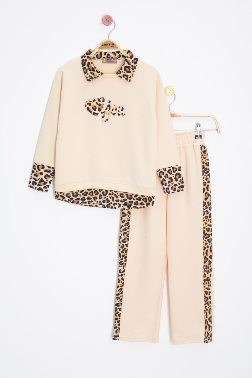 Krem Leopar Şerit Detaylı Kalpli Kız Çocuk Alt Üst 2li Takım 20666
