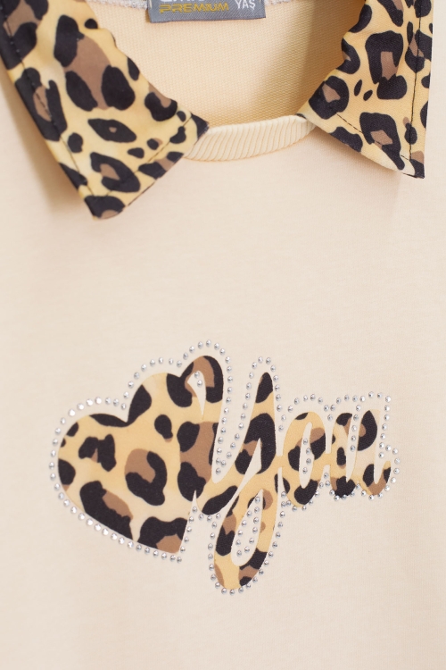 Krem Leopar Şerit Detaylı Kalpli Kız Çocuk Alt Üst 2li Takım 20666