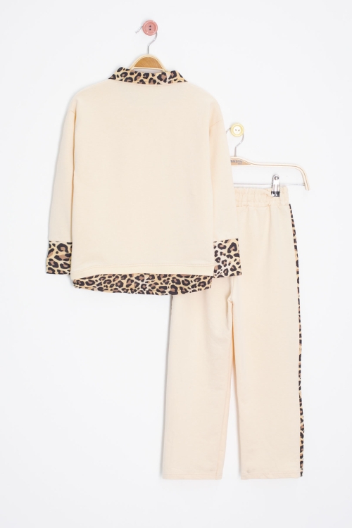 Krem Leopar Şerit Detaylı Kalpli Kız Çocuk Alt Üst 2li Takım 20666