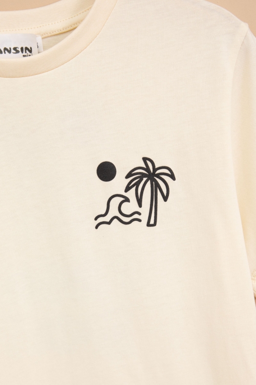 Krem Palmiye Baskılı Sırtı Yazılı Erkek Çocuk Kısa Kol Tişört 20926