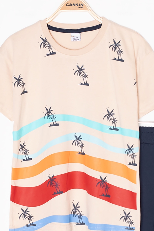 Krem Palmiye Desenli Bisiklet Yaka Erkek Çocuk Şortlu Takım 20626