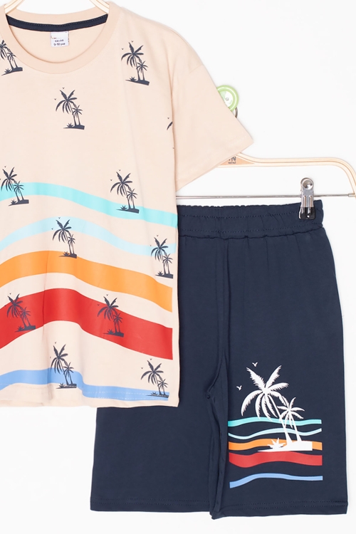 Krem Palmiye Desenli Bisiklet Yaka Erkek Çocuk Şortlu Takım 20626