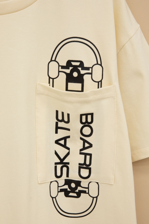 Krem Skateboard Baskılı Cepli Erkek Çocuk Bisiklet Yaka Tişört 20913